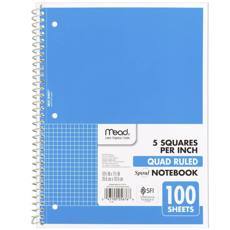 Mead Spiral Notebook, 1 Subject, Graph Ruled Paper, 7-1/2" x 10-1/2", 100 Sheets, Blue (05676AY7) - Image 1